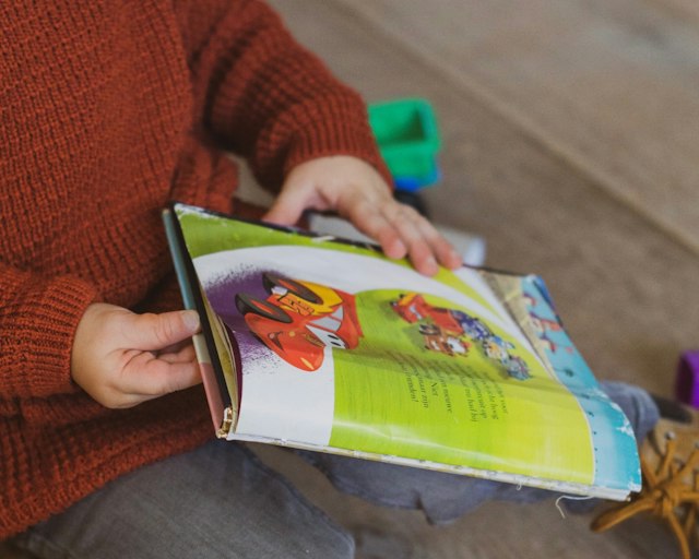 Kleinkind hält ein aufgeschlagenes Bilderbuch auf dem Schoß
